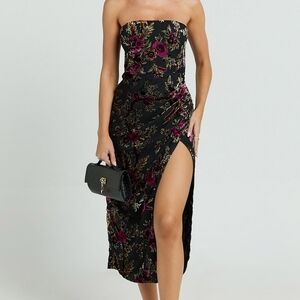 Showpo Strapless Black and Purple Floral Dress